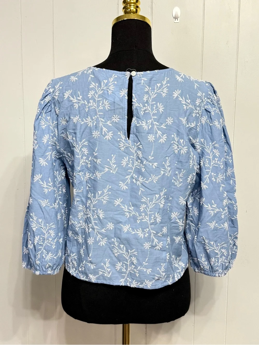 #12)  NWT LOFT Light Blue Embroidered Puff Sleeve Blouse With Side Zipper
